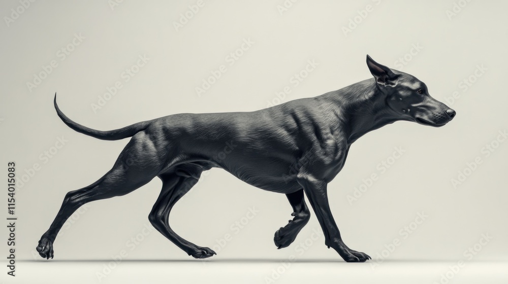 Fototapeta premium Sleek black dog in motion against a light gray background.