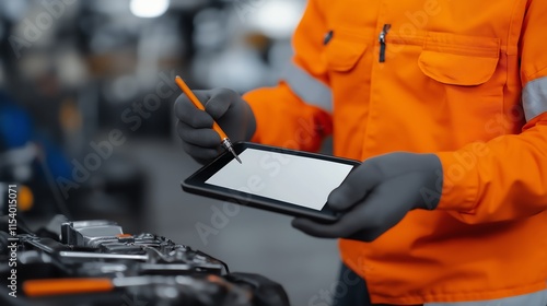 A worker in an orange safety jacket performs maintenance using a tablet. The scene highlights modern technology in industrial settings for efficient operations and task management. photo