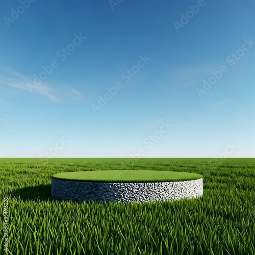 A podium covered in lush green grass, set in an open meadow, AI Generated