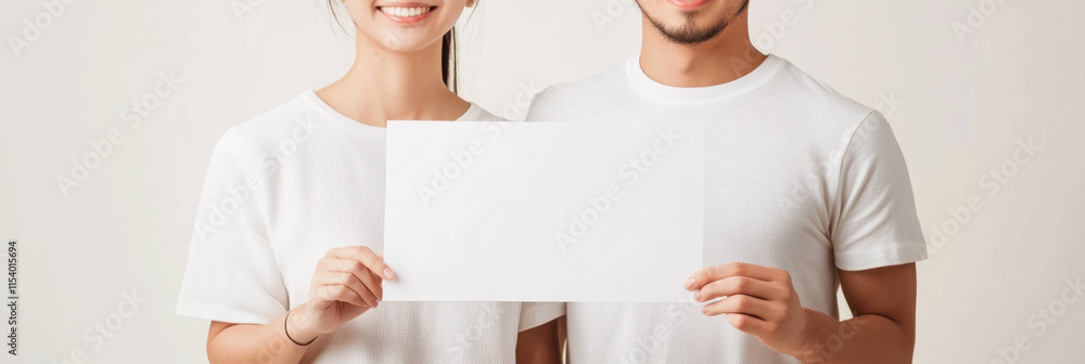 smiling man and woman holding blank white paper together against neutral background smiling man and woman holding blank white paper together against neutral background