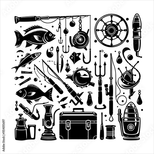 Set of fishing supplies vector. Fishing tackle icons. Collection of Fishing elements silhouette illustration