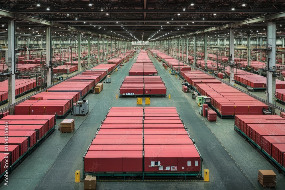 Fototapeta premium Vast Industrial Warehouse Filled with Red Containers - A Stunning Aerial View of Modern Logistics