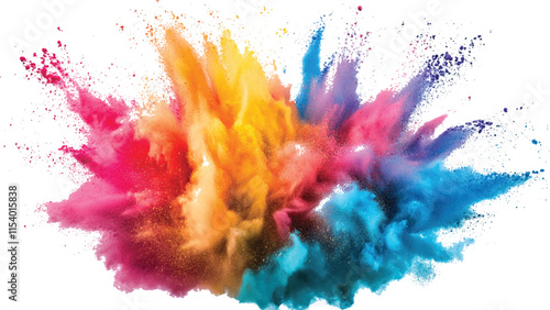 Multicolor powder explosion on White background. Colorful dust explode. Paint Holi. colorful vibrant rainbow Holi paint color powder explosion with bright colors isolated white background.