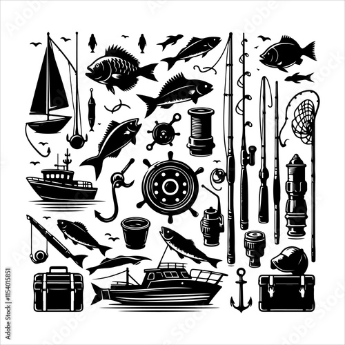 Set of fishing supplies vector. Fishing tackle icons. Collection of Fishing elements silhouette illustration