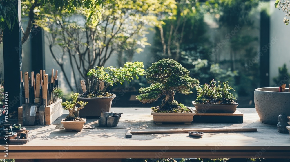 A well-organized bonsai garden with miniature trees and gardening tools neatly arranged, A calm, sunlit space with clean lines and serene surroundings A well-organized bonsai garden with miniature trees and gardening tools neatly arranged, A calm, sunlit space with clean lines and serene surroundings