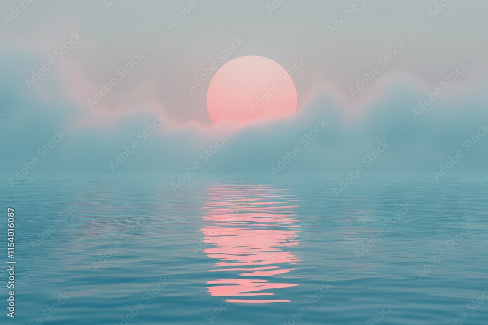 Foggy Sunrise Over a Calm Sea with Reflection, AI generated illustration Foggy Sunrise Over a Calm Sea with Reflection, AI generated illustration