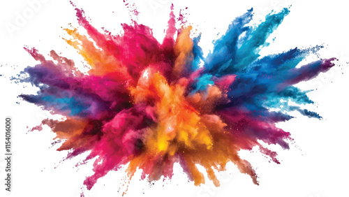 Multicolor powder explosion on White background. Colorful dust explode. Paint Holi. colorful vibrant rainbow Holi paint color powder explosion with bright colors isolated white background.