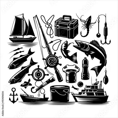 Set of fishing supplies vector. Fishing tackle icons. Collection of Fishing elements silhouette illustration