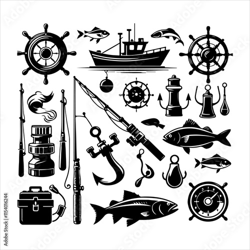 Set of fishing supplies vector. Fishing tackle icons. Collection of Fishing elements silhouette illustration