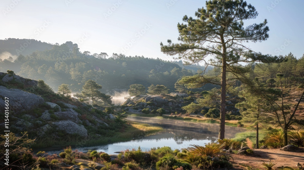 Fototapeta premium Misty morning landscape with tranquil lake and pine tree.