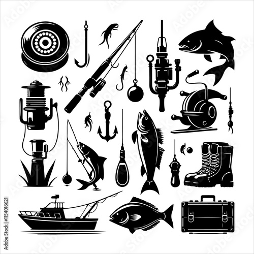 Set of fishing supplies vector. Fishing tackle icons. Collection of Fishing elements silhouette illustration