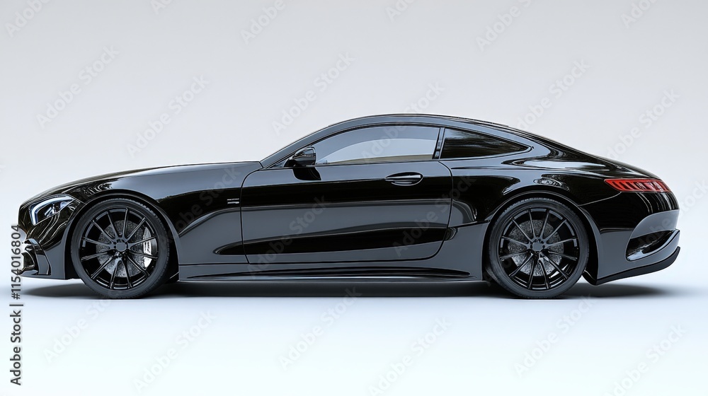 Sleek black coupe, side profile view on white background. Sleek black coupe, side profile view on white background.