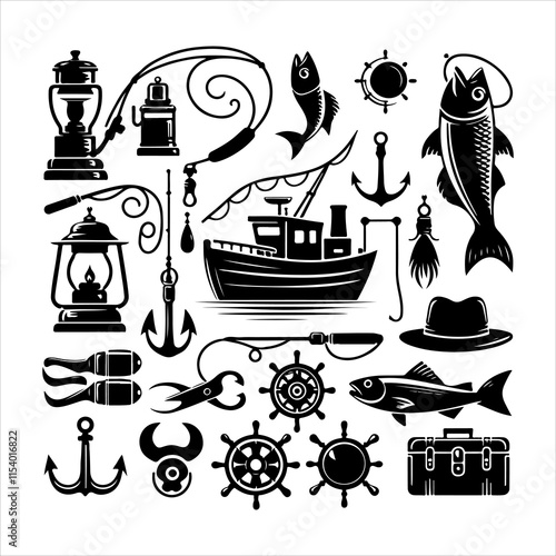 Set of fishing supplies vector. Fishing tackle icons. Collection of Fishing elements silhouette illustration