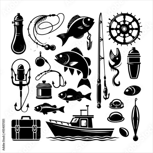 Set of fishing supplies vector. Fishing tackle icons. Collection of Fishing elements silhouette illustration