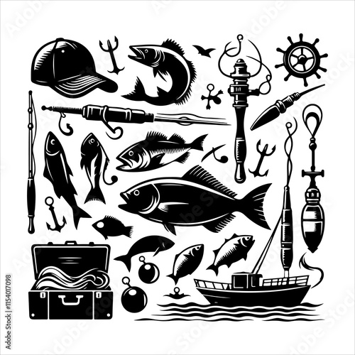 Set of fishing supplies vector. Fishing tackle icons. Collection of Fishing elements silhouette illustration