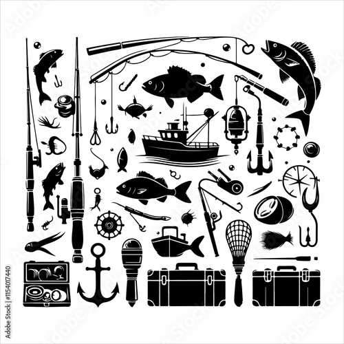 Set of fishing supplies vector. Fishing tackle icons. Collection of Fishing elements silhouette illustration