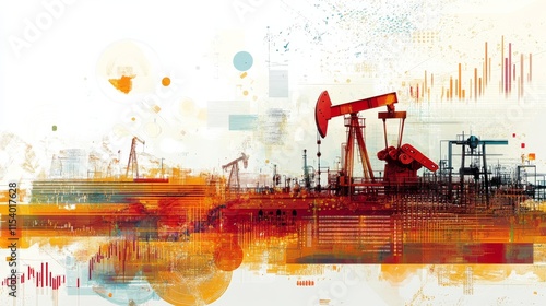 Industrial oilfield with pump jack extraction and vibrant digital oil price chart, offering versatile content for stock photos, illustrations photo