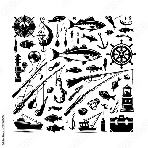 Set of fishing supplies vector. Fishing tackle icons. Collection of Fishing elements silhouette illustration