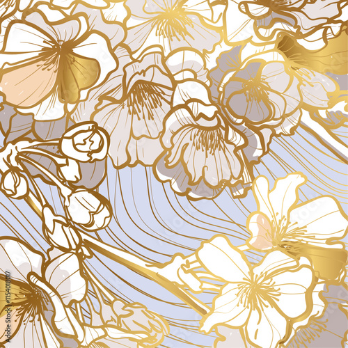 Vector line art and flat fill golden cherry blossoms flowers in square design. Elegant and luxurious design for invitations or social media posts. Hand drawn vector graphic assets for prints or online