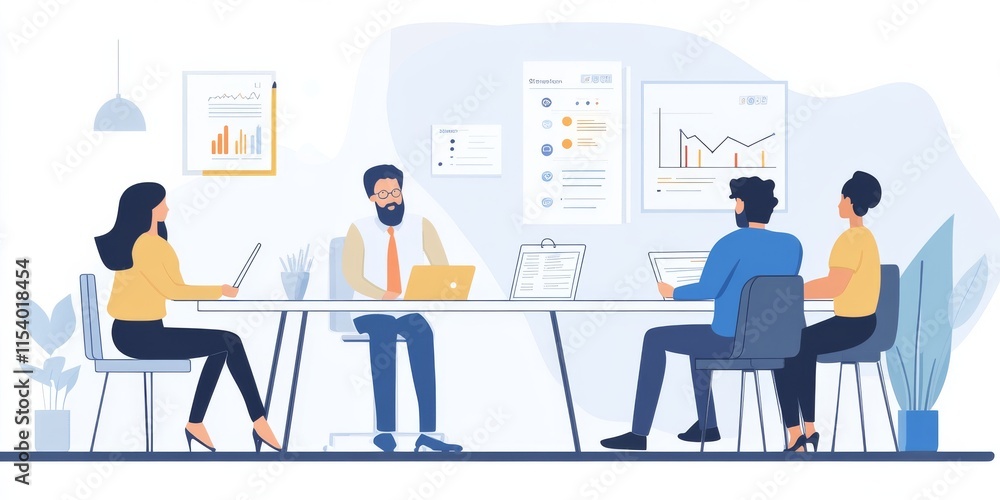 Modern office with a team collaborating on a marketing pitch, with charts and reports on the table Modern office with a team collaborating on a marketing pitch, with charts and reports on the table