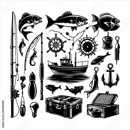 Set of fishing supplies vector. Fishing tackle icons. Collection of Fishing elements silhouette illustration
