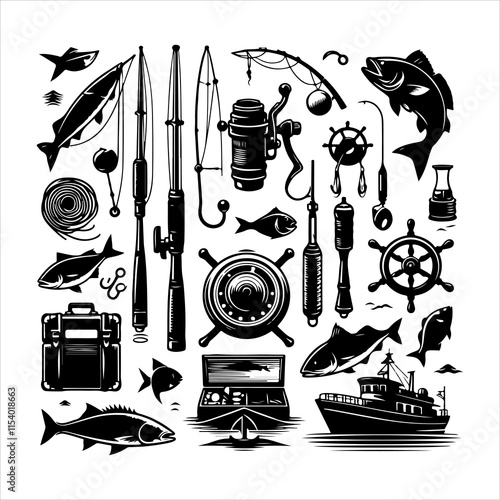 Set of fishing supplies vector. Fishing tackle icons. Collection of Fishing elements silhouette illustration