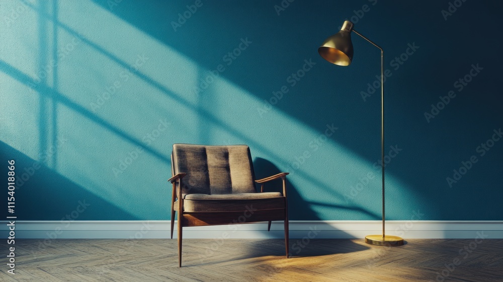 Obraz premium Sunlit room with armchair and floor lamp.