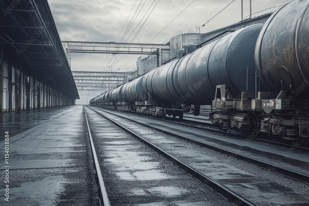 Naklejka premium Industrial Railroad Depot with Tank Cars on a Rainy Day: A Majestic View of Modern Infrastructure