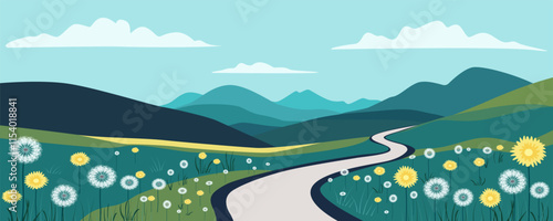 Abstract landscape of spring fields, flower meadows, mountains and hills and a road going beyond the horizon. Vector illustration of spring or summer natural landscape for design.