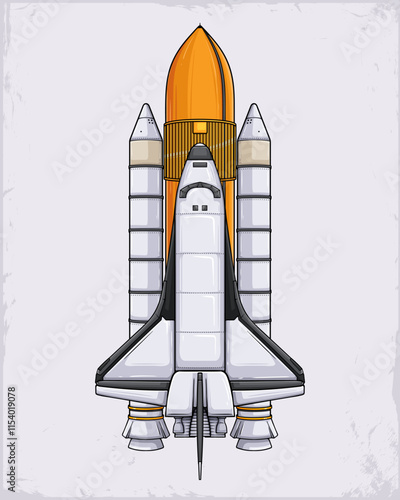 Hand drawn space rocket with spaceplane aircraft in international rocket station ready to launch 