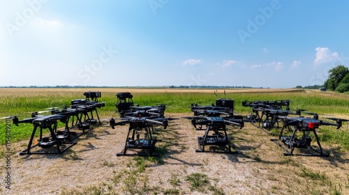 A well-organized drone flying station with drones and controllers neatly laid out, An open field with clear skies, Minimalist technological style photo