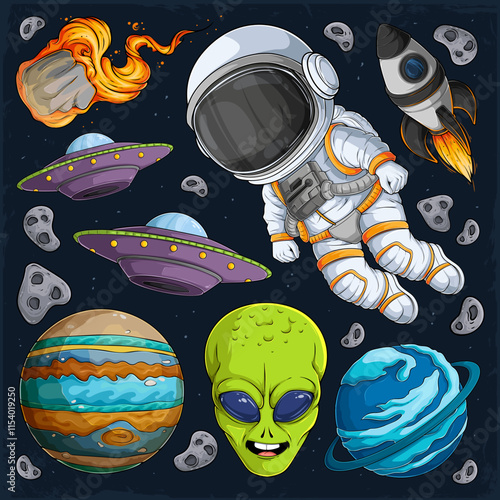 Hand drawn set of astronomic collection, alien, planets, astronaut suit, space rocket in outer space