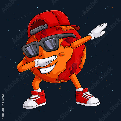 Hand drawn Mars planet character wearing red cap, sunglasses doing dab dance, dabbing Mars gesture