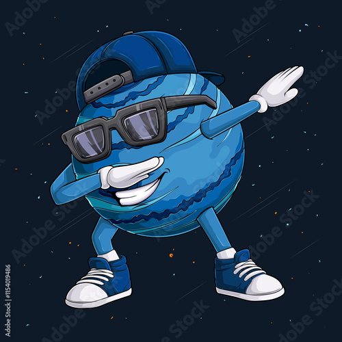 Hand drawn Neptune planet character wearing blue cap, sun glasses doing dab dance, dabbing Neptune