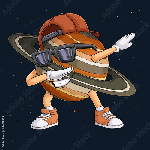 Hand drawn Saturn planet character wearing brown cap, sunglasses doing dab dance, Saturn dabbing
