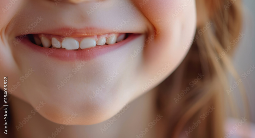Fototapeta premium Close-up portrait of adorable preschool girl smiling, showing perfect white teeth