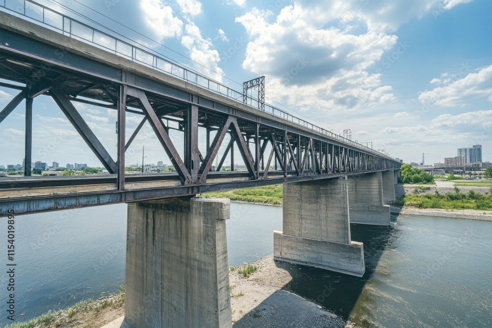 Majestic Steel Bridge Spanning a River, Cityscape in the Background. A Stunning Urban Infrastructure Marvel Majestic Steel Bridge Spanning a River, Cityscape in the Background. A Stunning Urban Infrastructure Marvel