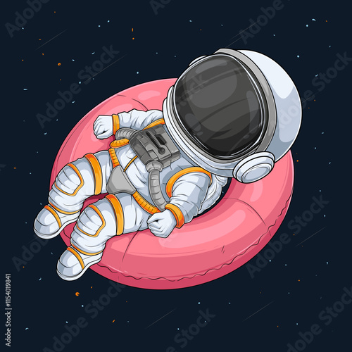 Hand drawn astronaut spaceman wearing space suit laying on a pink swimming ring in outer space