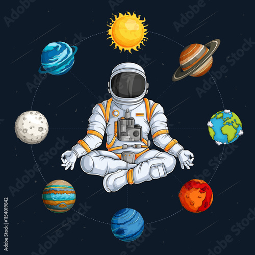 Hand drawn astronaut wearing space suit doing yoga meditation surrounded by solar system planets