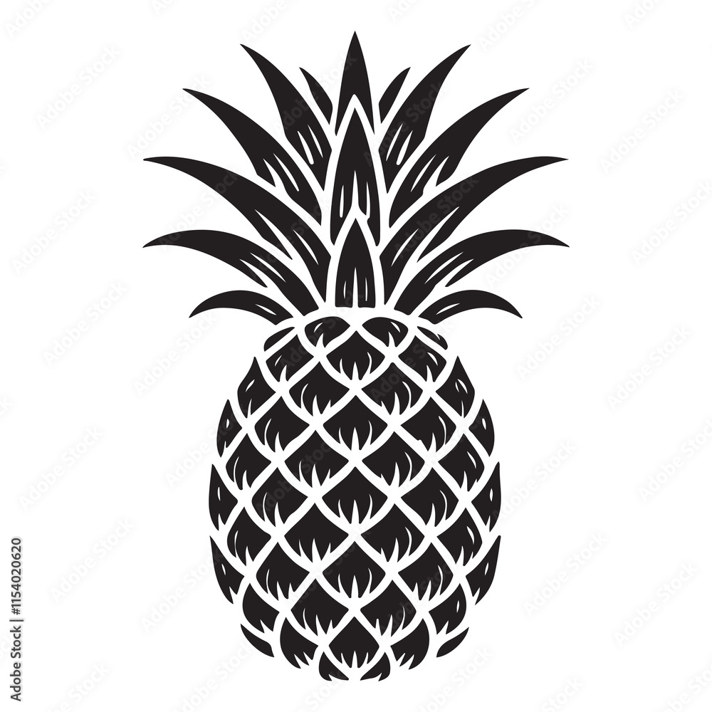 Obraz premium Pineapple Silhouette Vector Illustration, Solid White Background.