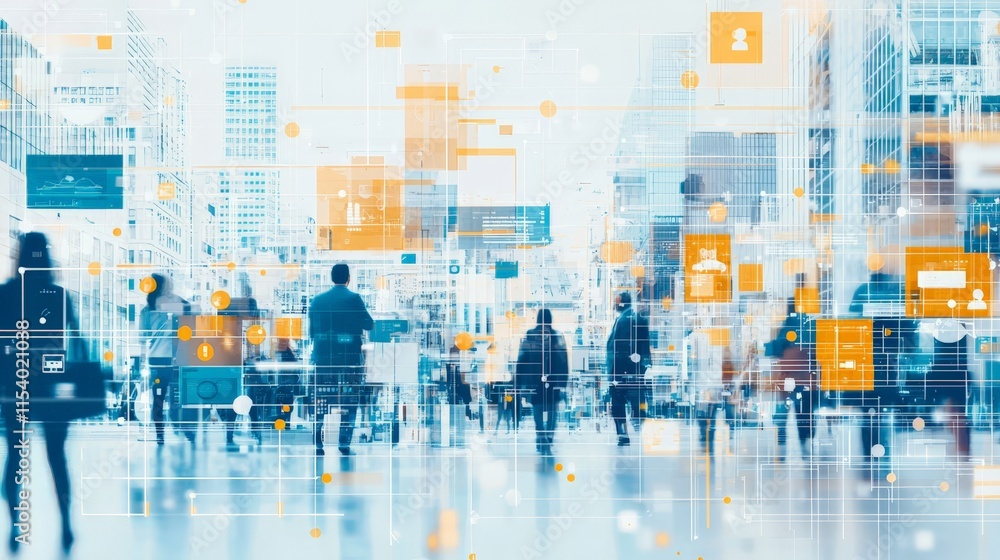 Blurred Cityscape with Abstract Data Network Overlays and Silhouetted People, Representing the Connected World Blurred Cityscape with Abstract Data Network Overlays and Silhouetted People, Representing the Connected World