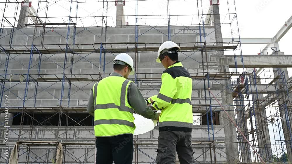 Two Asian engineer working at site of a large building project,Thailand people,Work overtime at construction site,Team of engineer discus at site Two Asian engineer working at site of a large building project,Thailand people,Work overtime at construction site,Team of engineer discus at site