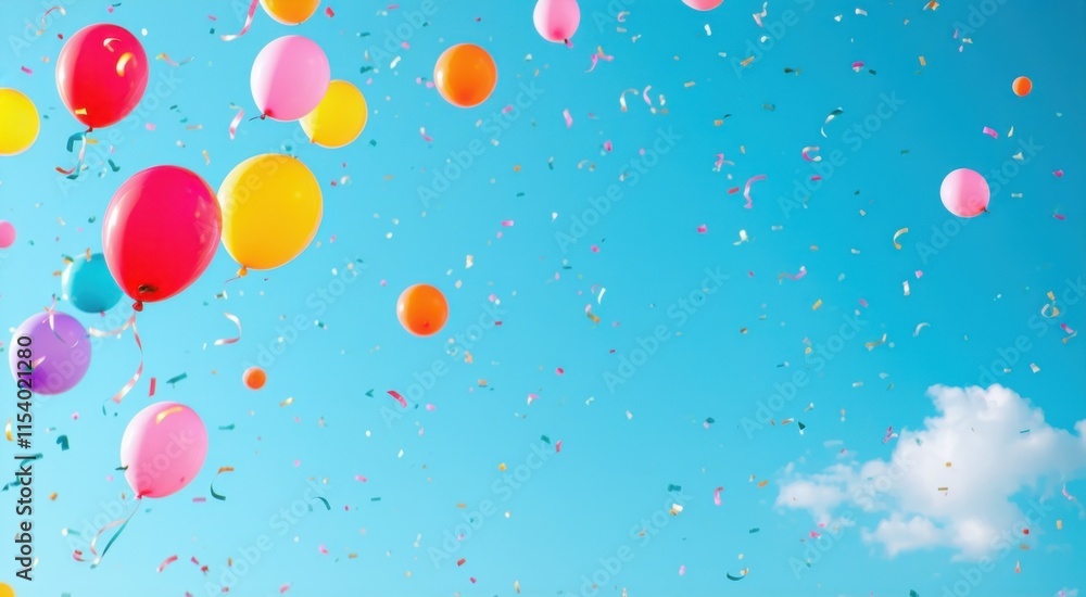Fototapeta premium Balloons and confetti are flying in the air on a sunny day