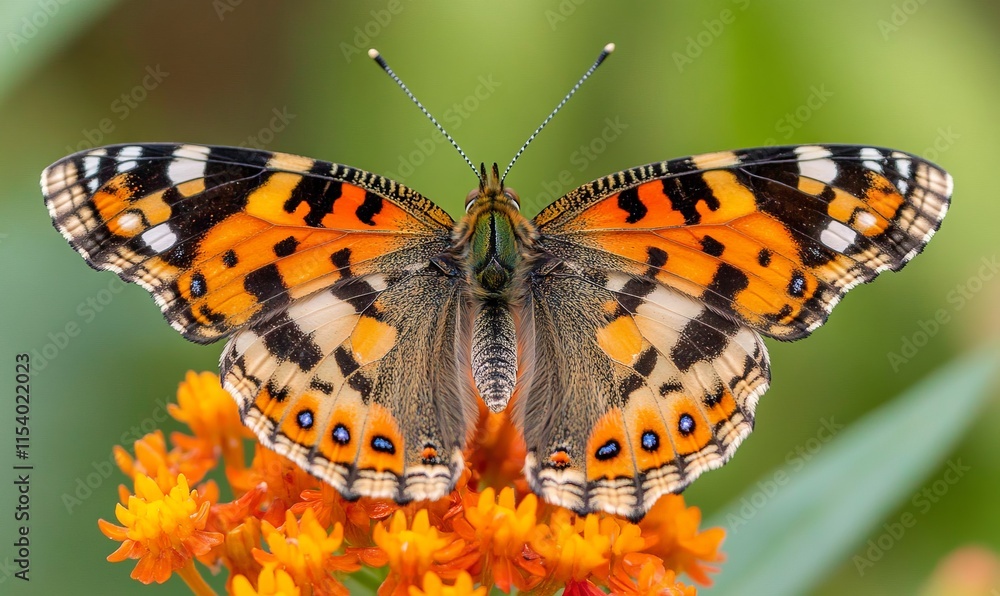 Painted Lady Butterfly on Orange Flower with Blurred Background, AI generated illustration