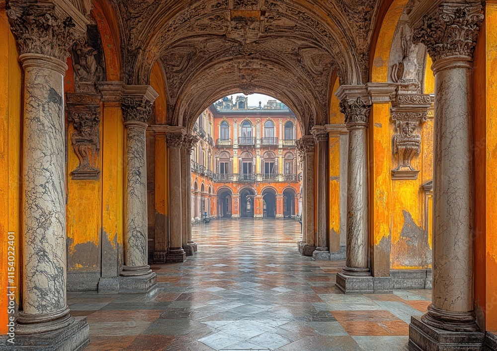Fototapeta premium Carriage entrance features classical columns offering access to a lively inner courtyard with vibrant balconies