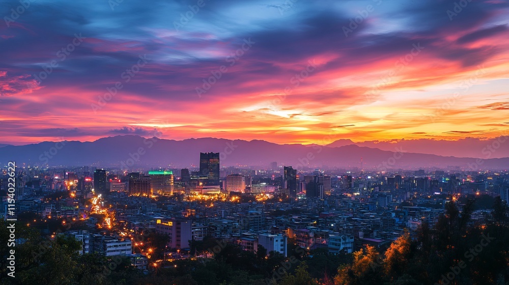 custom made wallpaper toronto digitalSunset View of City Skyline with Landmark Building, Mountains, and Colorful Sky in Taiwan's Capital, AI generated illustration
