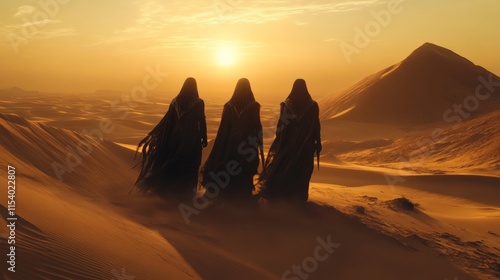 Three figures in cloaks stand in a desert at sunset near a pyramid. Shadows stretch across the sand as the day ends. photo