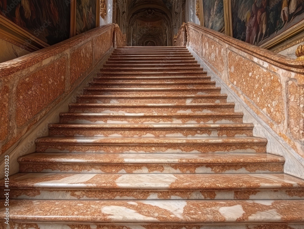 Obraz premium A stunning staircase with marble details, grand tapestries, and beautiful frescoed landings ascends magnificently