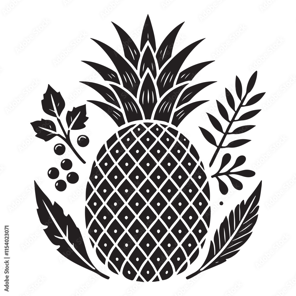 Obraz premium Pineapple Silhouette Vector Illustration, Solid White Background.
