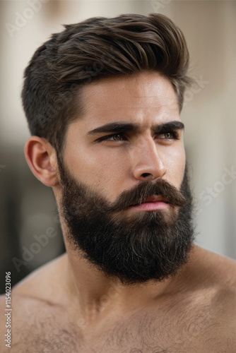 A photo of a ruggedly handsome man with a perfectly styled, full beard photo